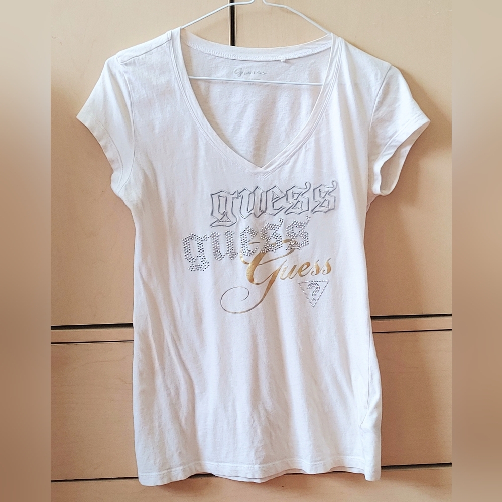 Guess Rhinestone Tee with Silver and Gold Logo